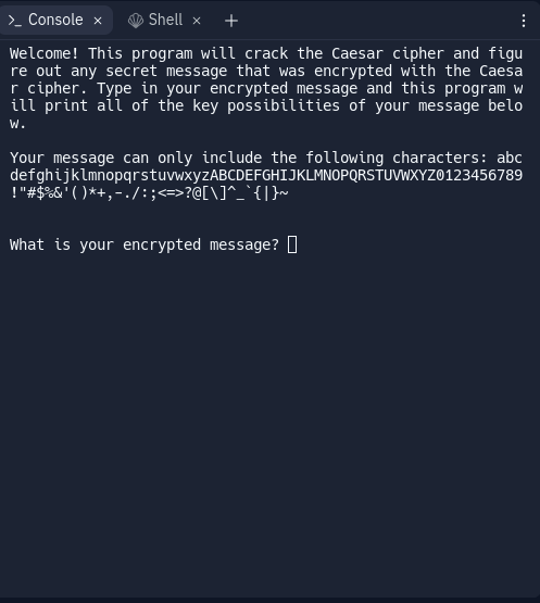 This is a screenshot of the Cracking Caesar's Cipher Python Program.